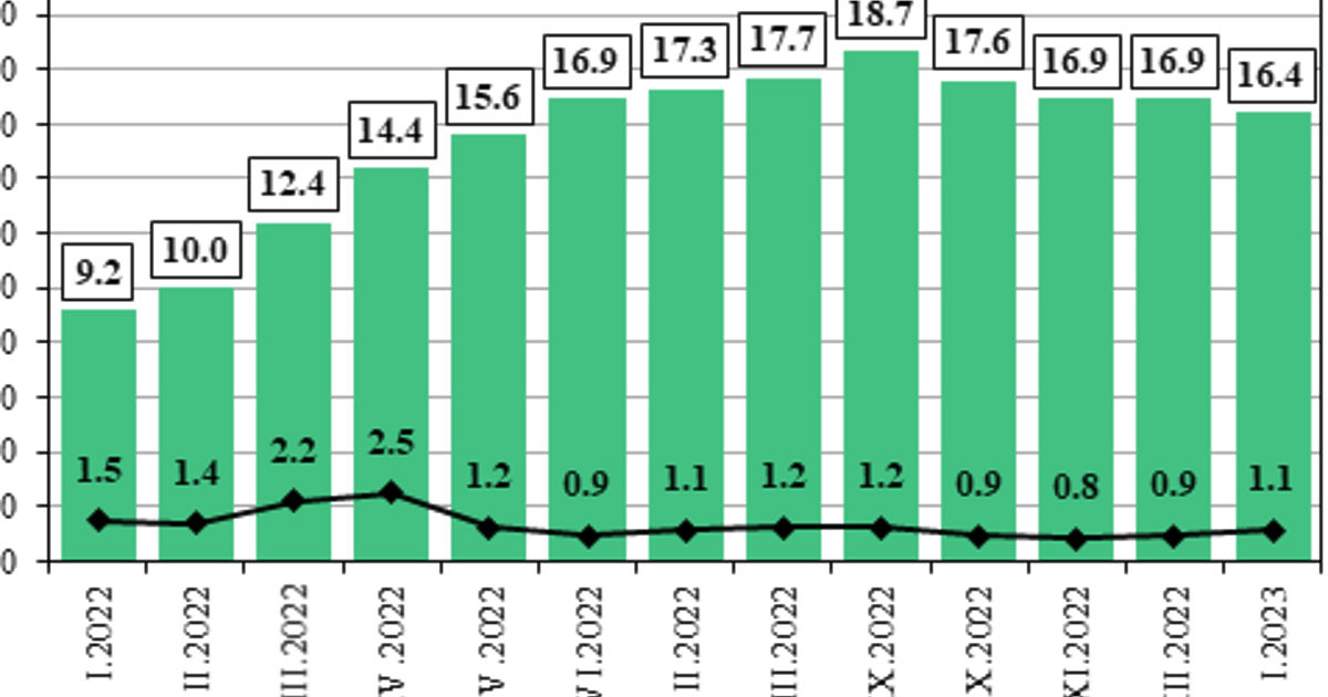 Месечната инфлация през януари е 1.1%, а годишната е 16.4%, съобщи