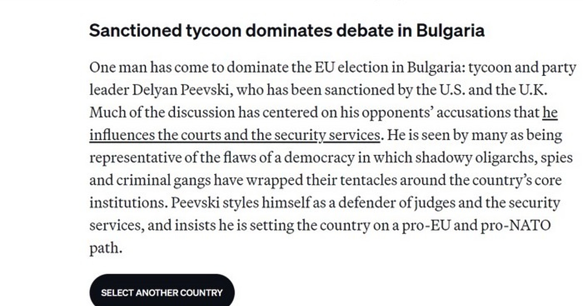 Санкциониран магнат доминира дебата в България.“Така е озаглавена кратка информация